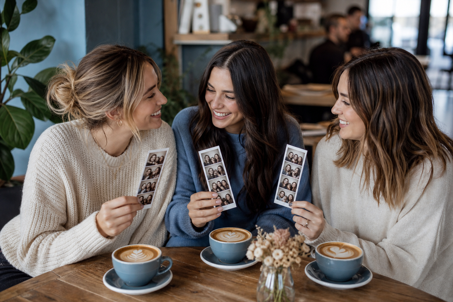Momen memorable di kafe dengan foto instan dan kopi