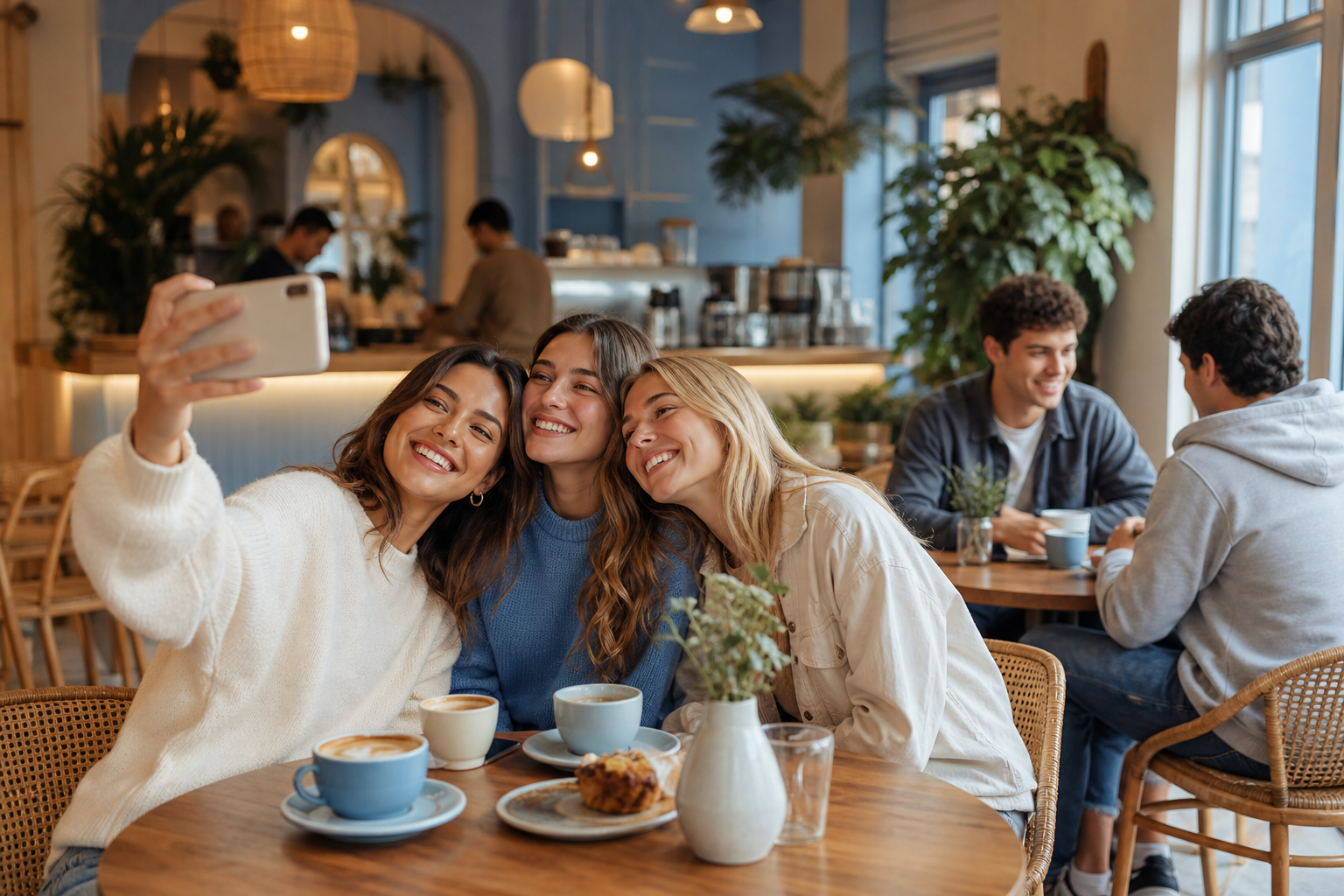 Pelanggan menikmati photo experience di coffee shop